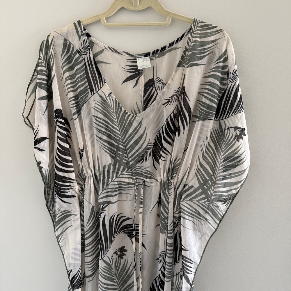 Kona Sol Palm Leaf Kaftan Maxi Swim Cover Up Tassel S Beach Travel Chic Flowy